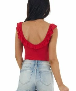Peach Love Cranberry Sleeveless Ruffle Detail Bodysuit