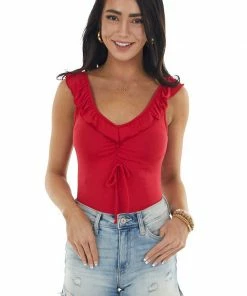 Peach Love Cranberry Sleeveless Ruffle Detail Bodysuit