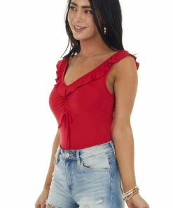 Peach Love Cranberry Sleeveless Ruffle Detail Bodysuit