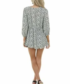 Jodifl Tops Cream And Black Floral Print Drop Waist Button Up Blouse