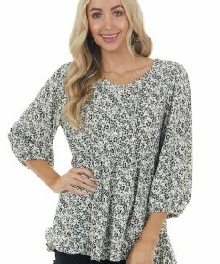 Jodifl Tops Cream And Black Floral Print Drop Waist Button Up Blouse