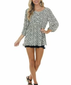 Jodifl Tops Cream And Black Floral Print Drop Waist Button Up Blouse