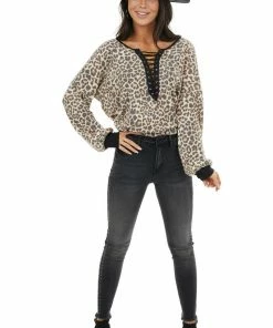 Lovely Melody Tops Cream And Charcoal Leopard Print Knit Top With V Neckline