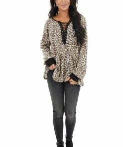 Lovely Melody Tops Cream And Charcoal Leopard Print Knit Top With V Neckline