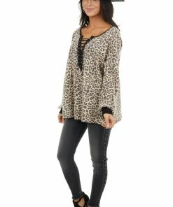 Lovely Melody Tops Cream And Charcoal Leopard Print Knit Top With V Neckline