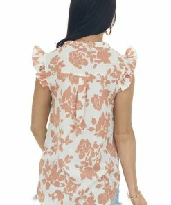 Staccato Tops Cream And Ginger Floral V Neck Frill Blouse