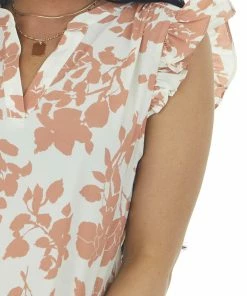 Staccato Tops Cream And Ginger Floral V Neck Frill Blouse