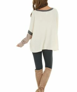 CY Fashion Tops Cream And Mauve Colorblock Long Sleeve Waffle Knit Top