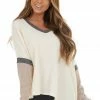 CY Fashion Tops Cream And Mauve Colorblock Long Sleeve Waffle Knit Top