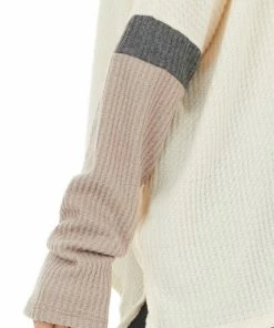 CY Fashion Tops Cream And Mauve Colorblock Long Sleeve Waffle Knit Top