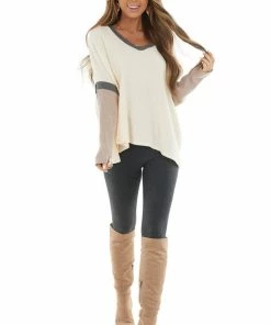 CY Fashion Tops Cream And Mauve Colorblock Long Sleeve Waffle Knit Top