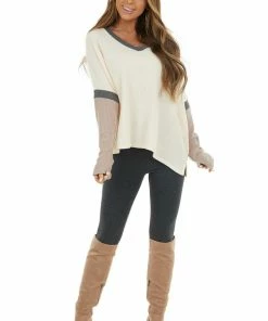 CY Fashion Tops Cream And Mauve Colorblock Long Sleeve Waffle Knit Top