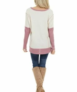 First Love Cream And Mauve Contrast Waffle Knit V Neck Top 24 First Love Cream And Mauve Contrast Waffle Knit V Neck Top