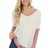 First Love Cream And Mauve Contrast Waffle Knit V Neck Top