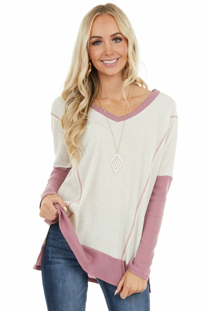 First Love Cream And Mauve Contrast Waffle Knit V Neck Top 3 First Love Cream And Mauve Contrast Waffle Knit V Neck Top