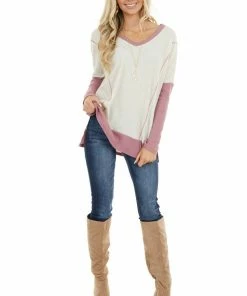 First Love Cream And Mauve Contrast Waffle Knit V Neck Top 19 First Love Cream And Mauve Contrast Waffle Knit V Neck Top