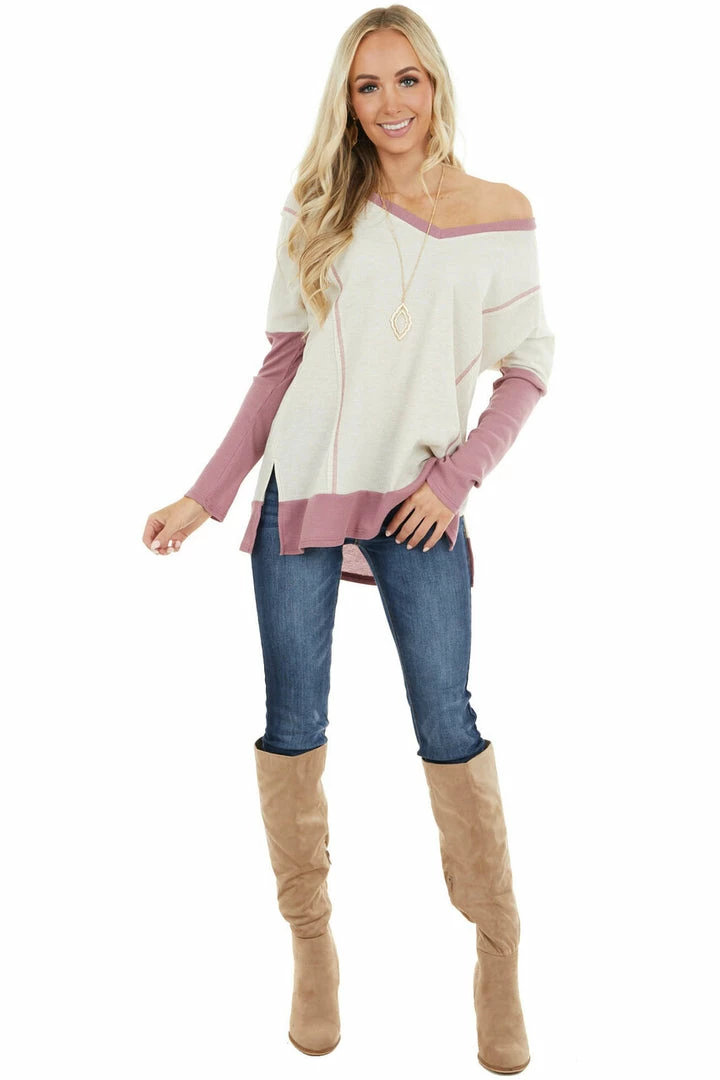 First Love Cream And Mauve Contrast Waffle Knit V Neck Top 5 First Love Cream And Mauve Contrast Waffle Knit V Neck Top
