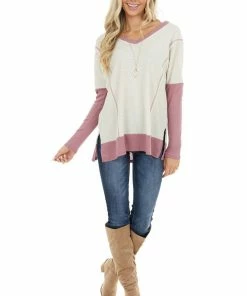 First Love Cream And Mauve Contrast Waffle Knit V Neck Top 22 First Love Cream And Mauve Contrast Waffle Knit V Neck Top