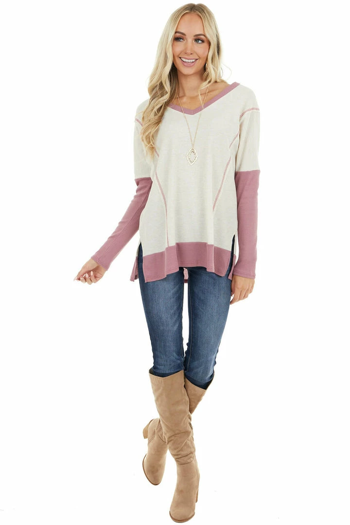First Love Cream And Mauve Contrast Waffle Knit V Neck Top 7 First Love Cream And Mauve Contrast Waffle Knit V Neck Top