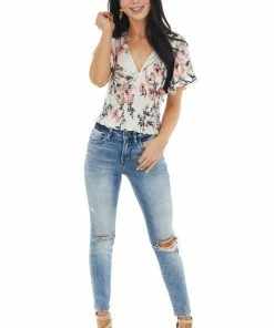 Lumiere Cream And Punch Silky Floral Print Top With Smocked Detail
