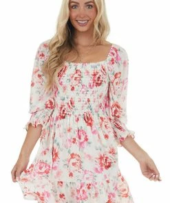 Peach Love Cream And Ruby And Smocked Bust Long Sleeve Mini Dress Dresses