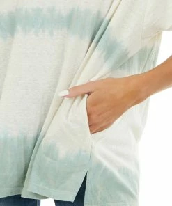 Easel Cream And Sage Washed Oversized Top With Side Pockets