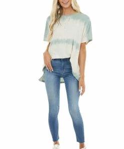 Easel Cream And Sage Washed Oversized Top With Side Pockets