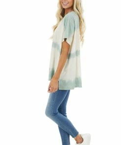 Easel Cream And Sage Washed Oversized Top With Side Pockets