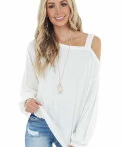 Entro Cream Bubble Sleeve Top With Single Strap Cold Shoulder Tops