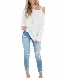 Entro Cream Bubble Sleeve Top With Single Strap Cold Shoulder Tops