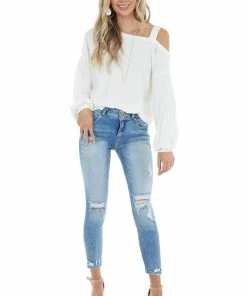 Entro Cream Bubble Sleeve Top With Single Strap Cold Shoulder Tops