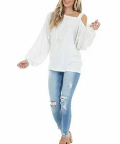 Entro Cream Bubble Sleeve Top With Single Strap Cold Shoulder Tops