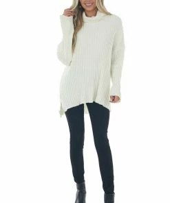 J.NNA Cream Chenille Ribbed Cowl Neck Sweater Tops
