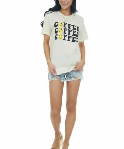 Blume+Co Tops Cream Coffee Smiley Face Graphic Knit Tee