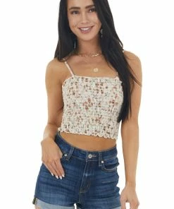 CY Fashion Tops Cream Ditsy Floral Print Sleeveless Smocked Crop Top