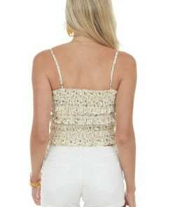 Lush Clothing Tops Cream Ditsy Floral Smocked Sleeveless Crop Top