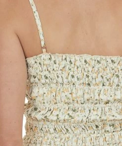 Lush Clothing Tops Cream Ditsy Floral Smocked Sleeveless Crop Top