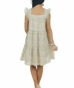 Ces Femme Dresses Cream Ditsy Floral Textured Square Neck Dress