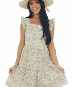 Ces Femme Dresses Cream Ditsy Floral Textured Square Neck Dress
