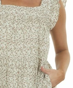 Ces Femme Dresses Cream Ditsy Floral Textured Square Neck Dress