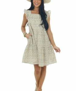 Ces Femme Dresses Cream Ditsy Floral Textured Square Neck Dress
