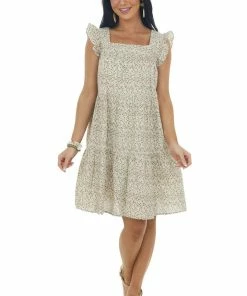 Ces Femme Dresses Cream Ditsy Floral Textured Square Neck Dress