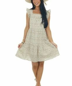 Ces Femme Dresses Cream Ditsy Floral Textured Square Neck Dress
