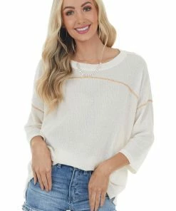 Ces Femme Cream Drop Shoulder Textured Knit Top With Side Slits Tops