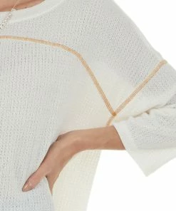 Ces Femme Cream Drop Shoulder Textured Knit Top With Side Slits Tops