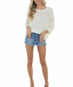 Ces Femme Cream Drop Shoulder Textured Knit Top With Side Slits Tops