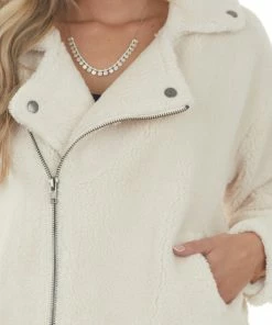 BaeVely Cream Faux Fur Long Sleeve Zip Up Moto Jacket Outerwear
