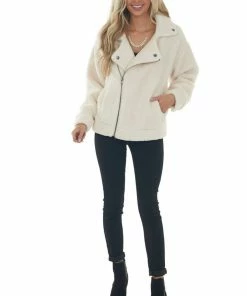 BaeVely Cream Faux Fur Long Sleeve Zip Up Moto Jacket Outerwear