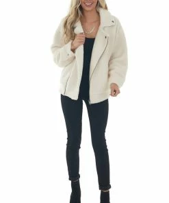 BaeVely Cream Faux Fur Long Sleeve Zip Up Moto Jacket Outerwear