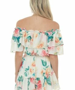 Flying Tomato Cream Floral Print Off Shoulder Woven Romper Dresses 16 Flying Tomato Cream Floral Print Off Shoulder Woven Romper Dresses